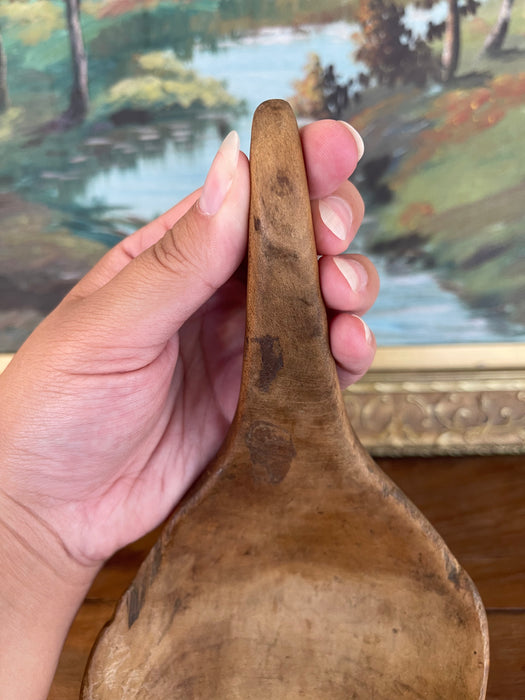 Antique 19th Century Hand-Carved Decorative Wooden Ladle Spoon with Sculptural Curved Handle.