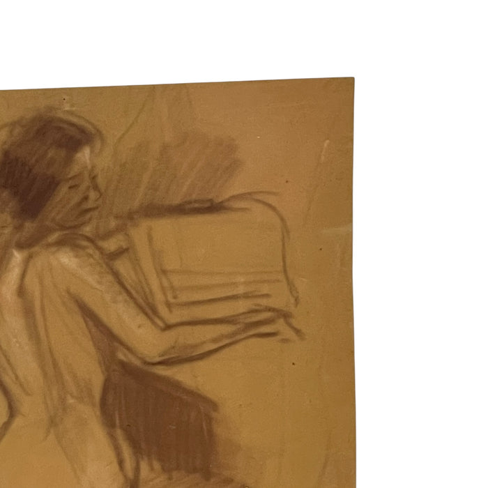 Vintage Seated Female Nude Figure Drawing on Toned Paper, Figurative Life Study