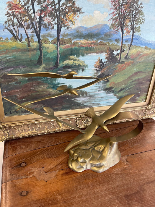Vintage Mid-Century Modern Brass Toned Seagull Sculpture on Rocky Base