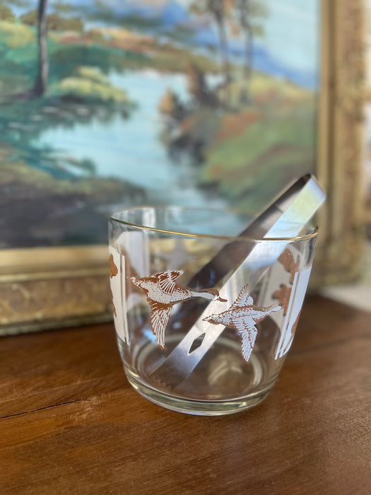 Mid-Century Ice Bucket with Ducks in Flight and Oak Leaf Motif, Gold Rim, and Stainless Steel Tongs - 1960s Sporting Barware.
