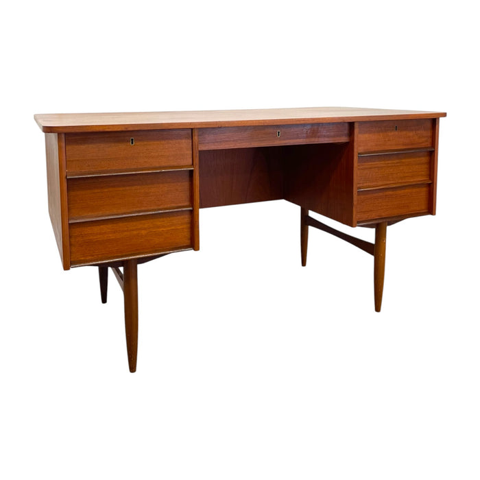Vintage Mid Century Modern Danish Teak Executive Desk with Rear Bookshelf