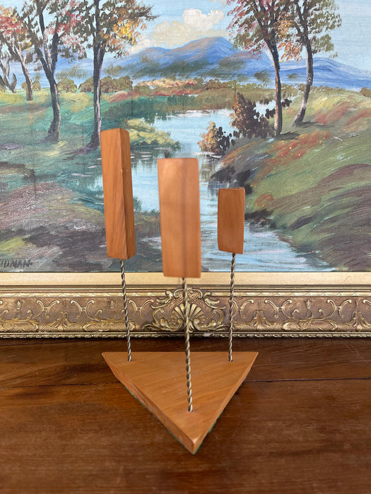 Mid-Century Modern Possibly Teak and Twisted Metal Triple Candle Holder with Geometric Base