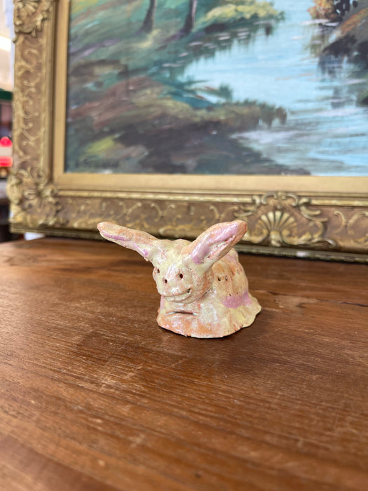 Whimsical Hand-Built Ceramic Creature Sculpture with Long Ears and Textured Colorful Glaze