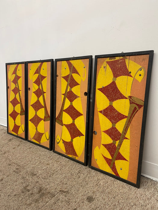 Vintage Mid-Century Modern Geometric Wall Panels, Set of Four, Orange and Yellow Abstract Wall Art