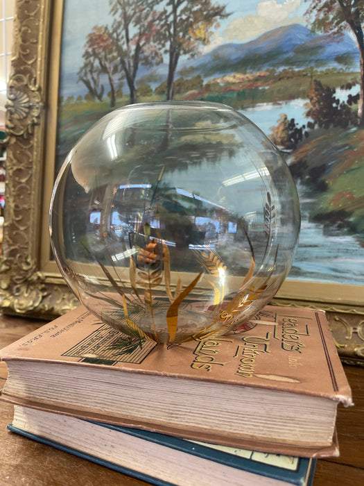Vintage Spherical Glass Vase with Gilded Botanical Motif