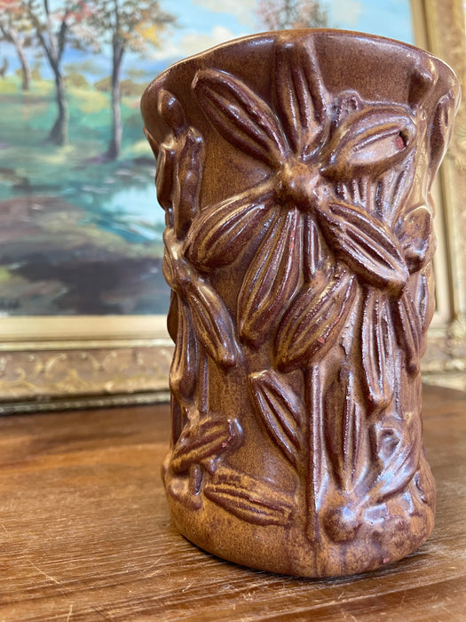 Vintage Red Wing Pottery Brown Glazed Floral Relief Vase