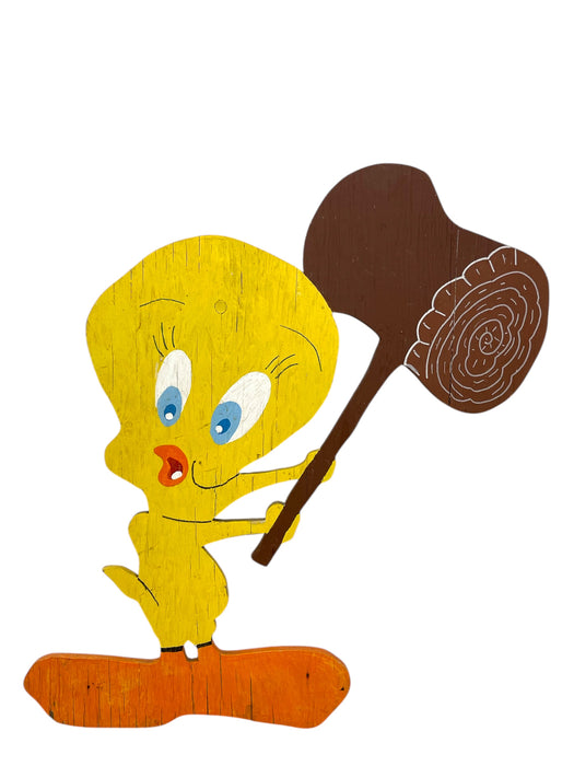 Vintage Hand-Painted Tweety Bird Wooden Cutout Sign with Mallet