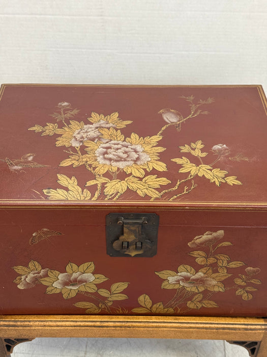 Vintage Mid Century Modern Style Asian Lacquered Style Storage Accent Table with Floral & Bird Motif with Removable Chest