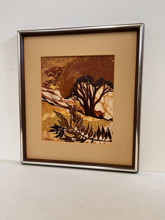 Vintage Mid Century Modern Batik Style Abstract Framed Painting Landscape