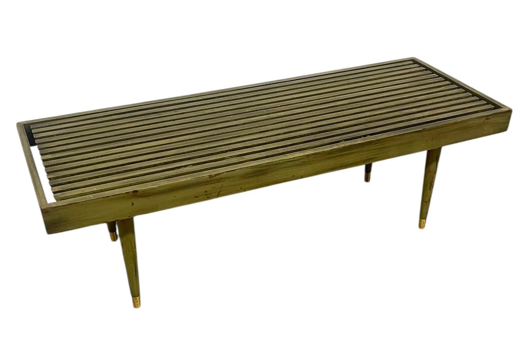Vintage Mid Century Modern Slatted Wood Bench with Tapered Legs and Brass-Toned Caps
