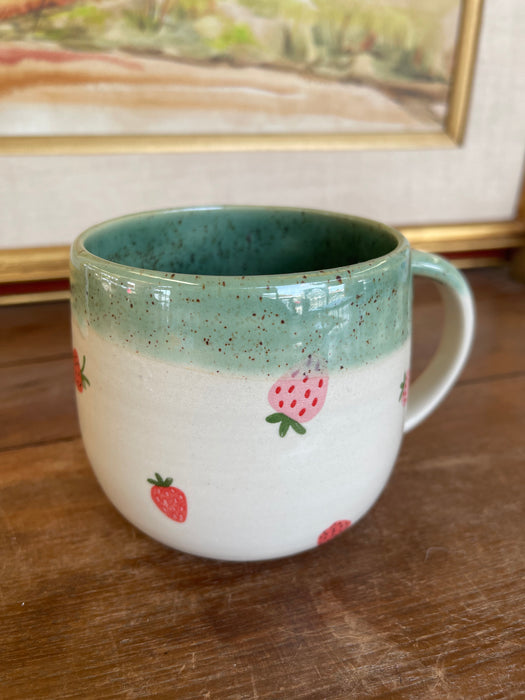 Handmade Wheel-Thrown Ceramic Strawberry Mug with Green Glaze Interior