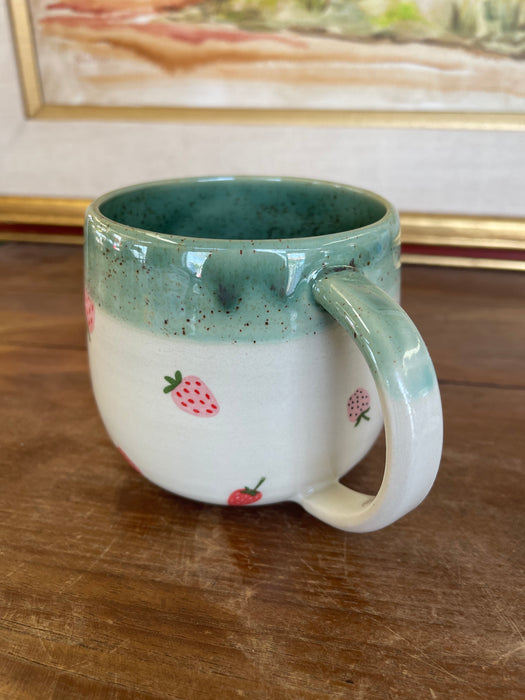 Handmade Wheel-Thrown Ceramic Strawberry Mug with Green Glaze Interior