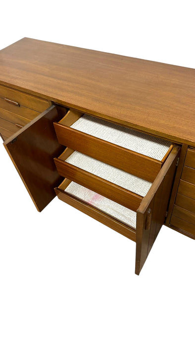Vintage Mid Century Modern Walnut 9-Drawer Triple Dresser Dovetailed Drawers