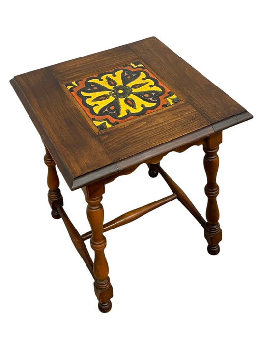 Vintage Tile Top Side Table with Turned legs and Wood Frame
