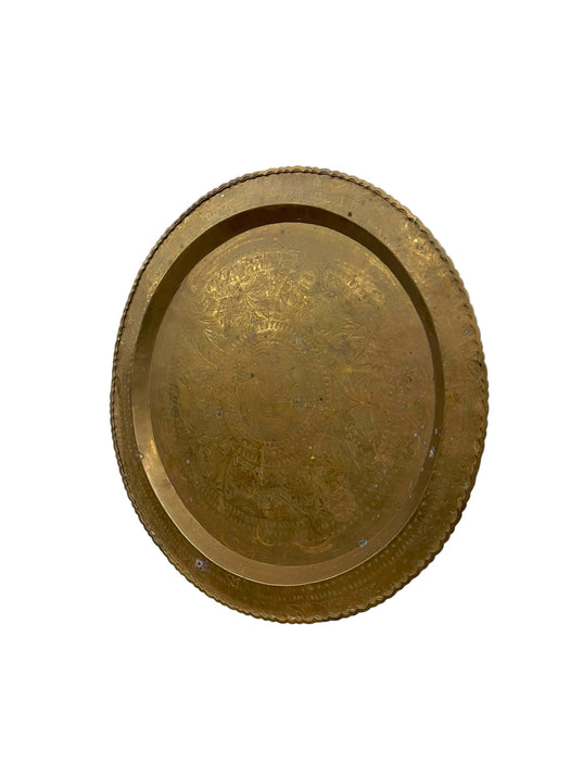Large Decorative Engraved Brass-Toned Tray with Scalloped Edge and Figural Motifs