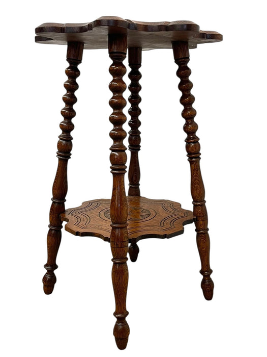 Vintage Carved Occasional Table with Barley Twist Legs and Inlaid Geometric Top & Shelf