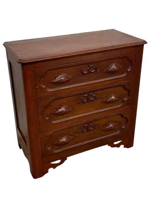 French Provincial Style Three-Drawer Chest with Carved Leaf Motifs and Dovetail Joinery