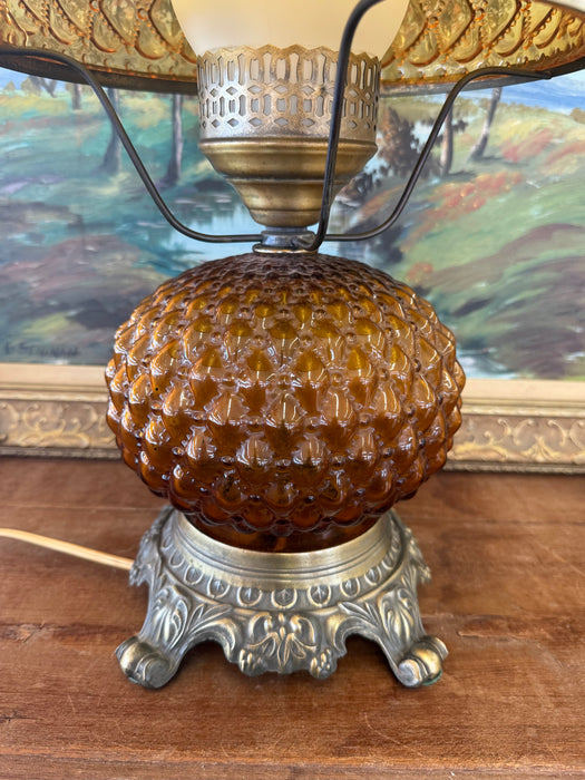 Vintage Amber Glass Hurricane Lamp with Diamond Point Hobnail Pattern with Ornate Metal Toned Base, Mid Century Modern Accent Lighting
