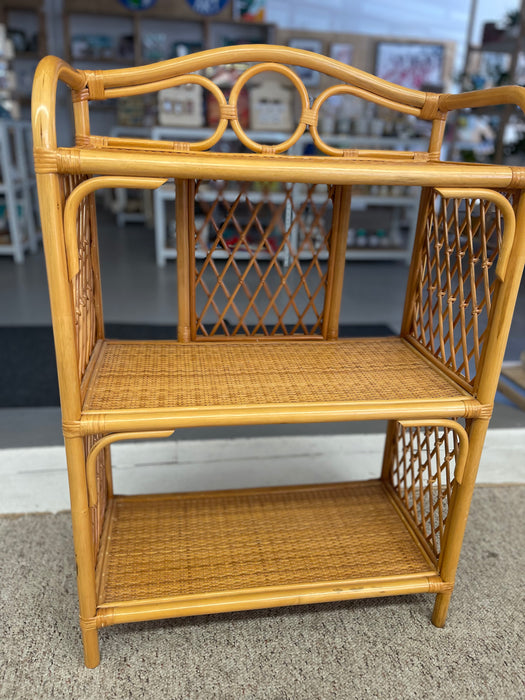 1970s Vintage Likely Rattan and Wicker Shelf with Diamond Lattice Sides and Circle Motif
