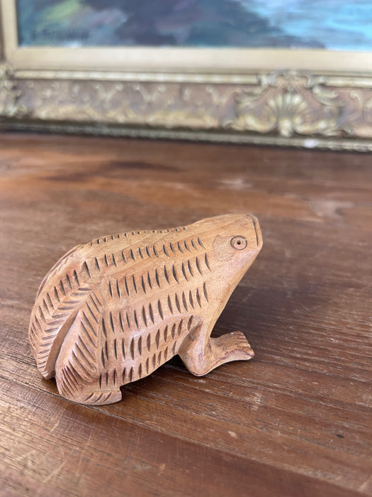Hand-Carved Mid-20th Century Wooden Frog Sculpture with Incised Detailing