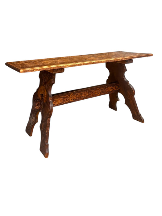 Antique Pyrography Trestle Wood Folk Art Decorative Bench or Accent Entryway Table UK Import