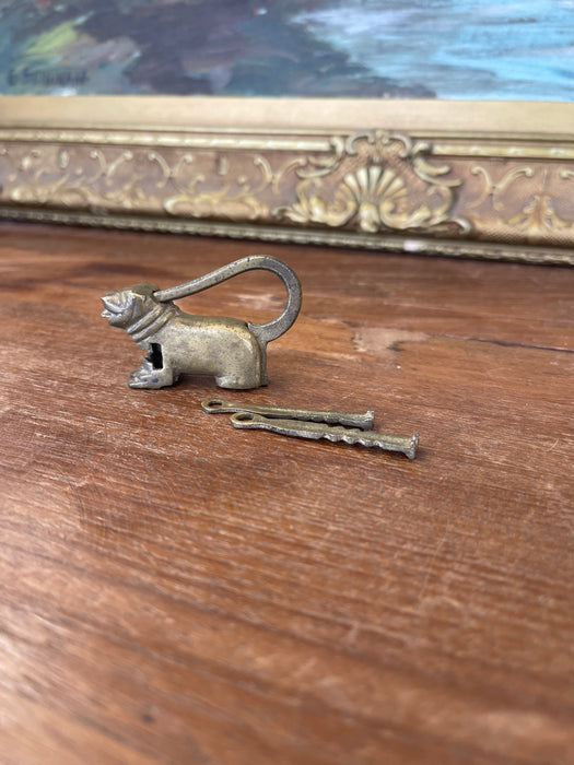 Antique Likely Brass Figural Dog Puzzle Lock with Original Keys, Early 20th Century