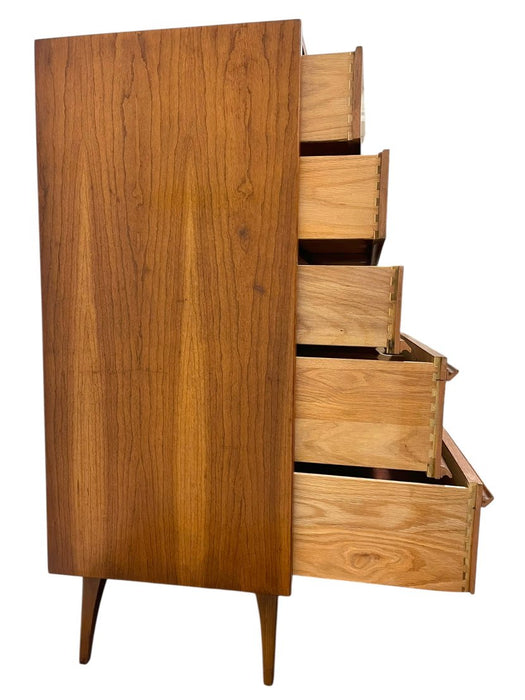 Vintage Mid-Century Modern Matching Dresser Set - 9-Drawer Low Dresser & Highboy with Sculpted Integrated Pulls and Dovetail Drawers