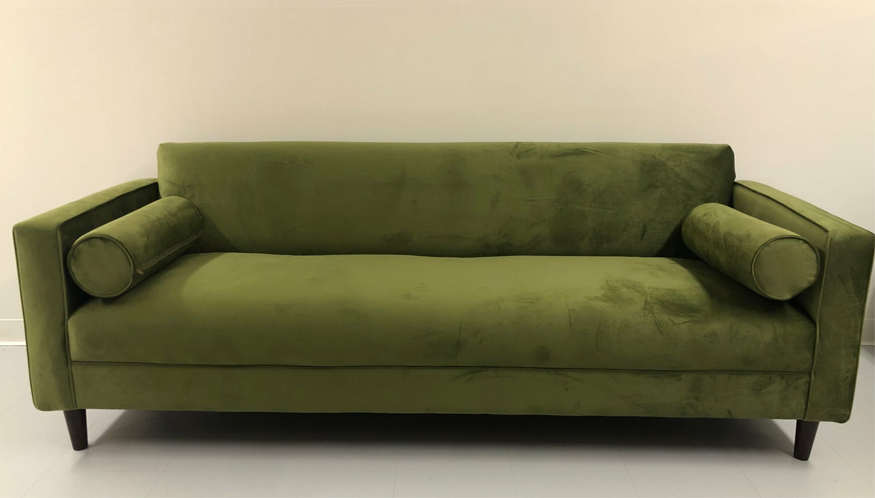 Brand New Modern Sofa/ Couch in Avocado Green Velvet Upholstery Made in USA Solid Wood Frame