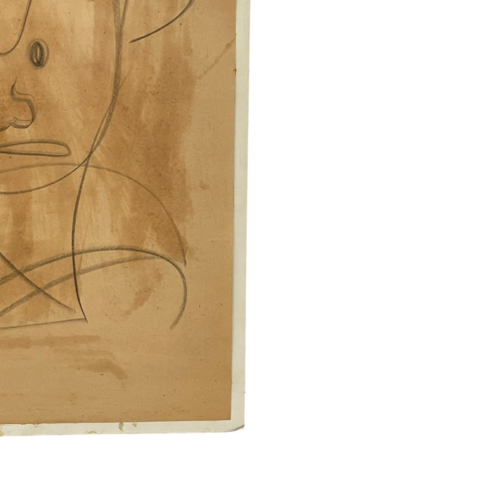 Vintage Abstract Portrait Drawing on Toned Paper by Jerry Owens, Modernist Figurative Artwork.