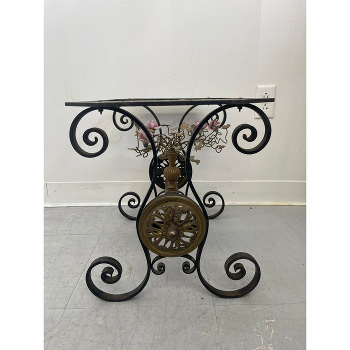 Vintage Wrought Iron Side Table With Ornate Detailing and Glass Top.