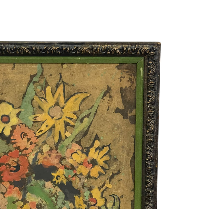 Vintage Signed Floral Still Life Mixed Media Painting on Textured Board in Ornate Frame Possible Batik Print.