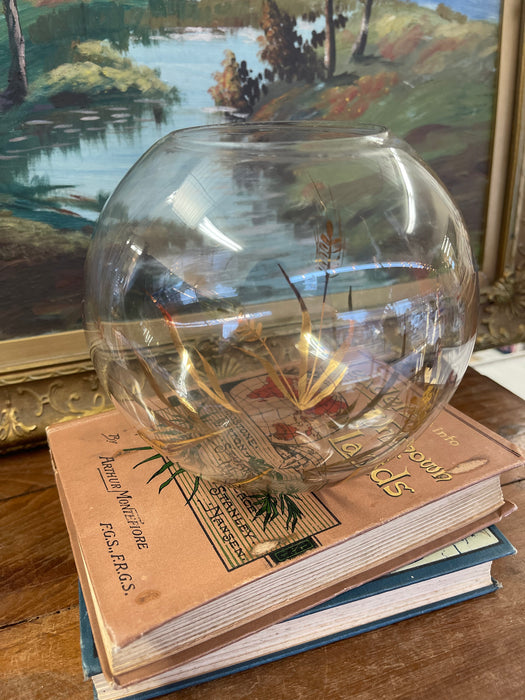 Vintage Spherical Glass Vase with Gilded Botanical Motif