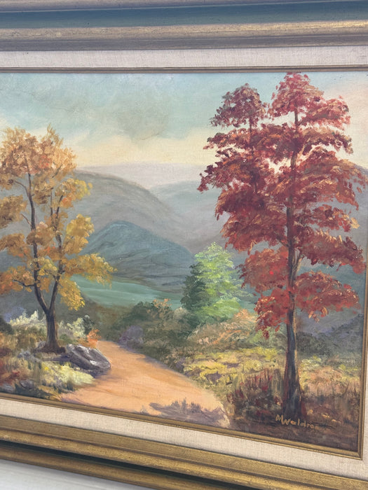 Signed Vintage Framed Scenic Landscape Oil Painting featuring Trees, Mountain Path, Rustic Wall Art, Mid Century Modern Style Original Nature Artwork