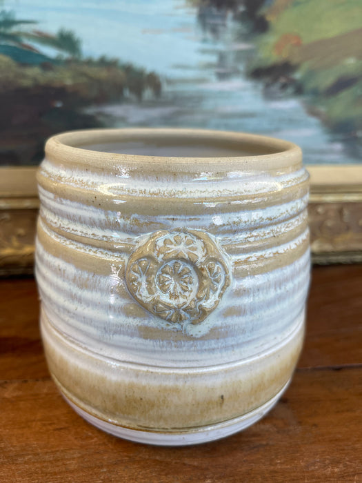Signed Studio Pottery Stoneware Vessel by Freeburg with Embossed Medallion