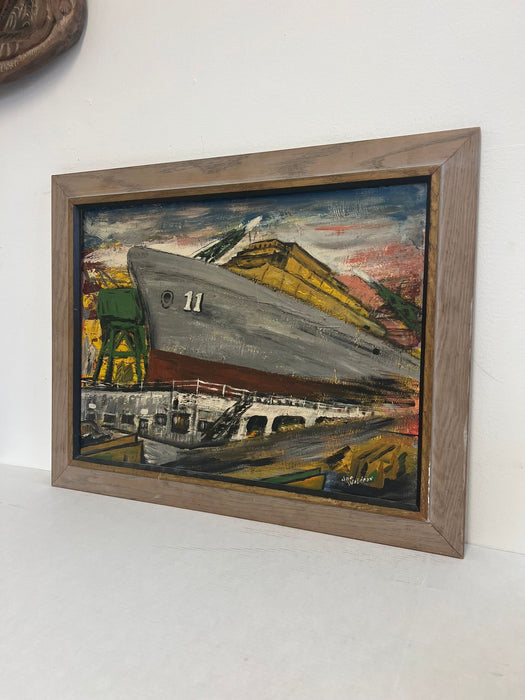 Vintage Mid Century Modern Style original Boat Yard painting.