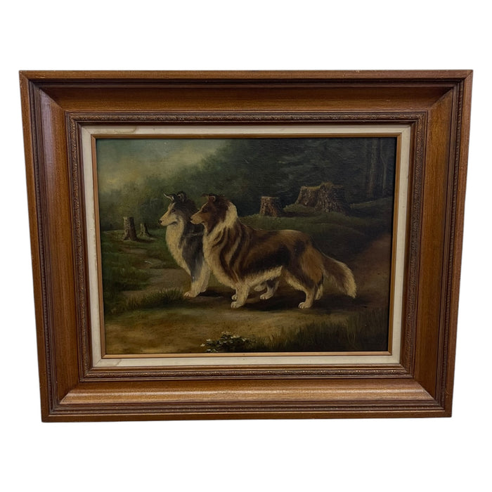 Antique Framed Oil Painting of Two Collie Dogs in Woodland Landscape, Traditional Canine Portrait Possibly 1890s