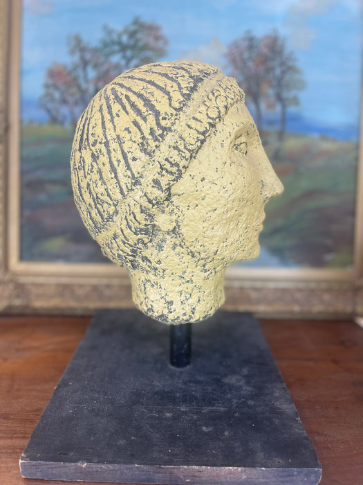 Textured Vintage Papier-Mâché Head Sculpture with hand-painted detailing on Custom stand.