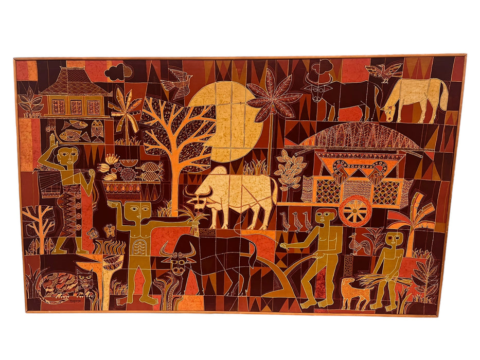 Large Vintage Tribal Folk Art Batik Fabric Painting Art with Mid Century Modern Influence Signed and Dated