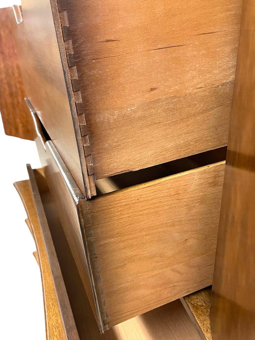Vintage Mid Century Modern 5 Drawer Highboy Dresser with Sculpted Drawer Fronts