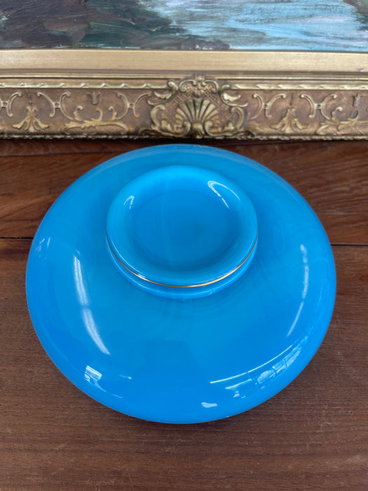 Likely Antique 19th Century French Blue Opaline Glass Bowl with Intricate Gilded Fruit and Vine Border