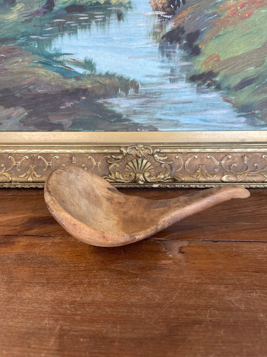 Antique 19th Century Hand-Carved Decorative Wooden Ladle Spoon with Sculptural Curved Handle.