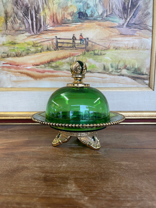 Vintage Green Glass Covered Candy Dish with Pedestal Base and Brass-Toned Mount