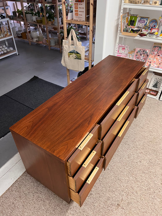 Vintage Mid Century Modern Solid Walnut 9 Drawer Dresser and a 5 Drawer Chest Set by Kent Coffey.