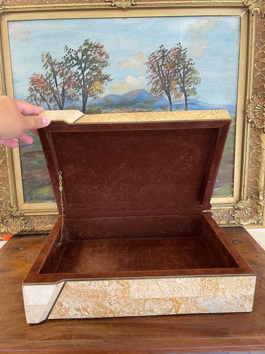 Vintage Possibly Tessellated Stone and Brass Toned Inlay Jewelry or Keepsake Box with Velvet-like Interior.
