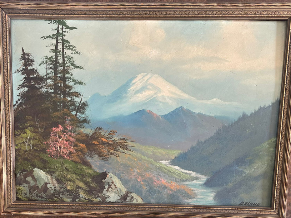 Vintage DELANE Signed mid Century modern style mountain painting on board.