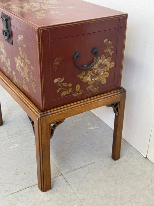 Vintage Mid Century Modern Style Asian Lacquered Style Storage Accent Table with Floral & Bird Motif with Removable Chest