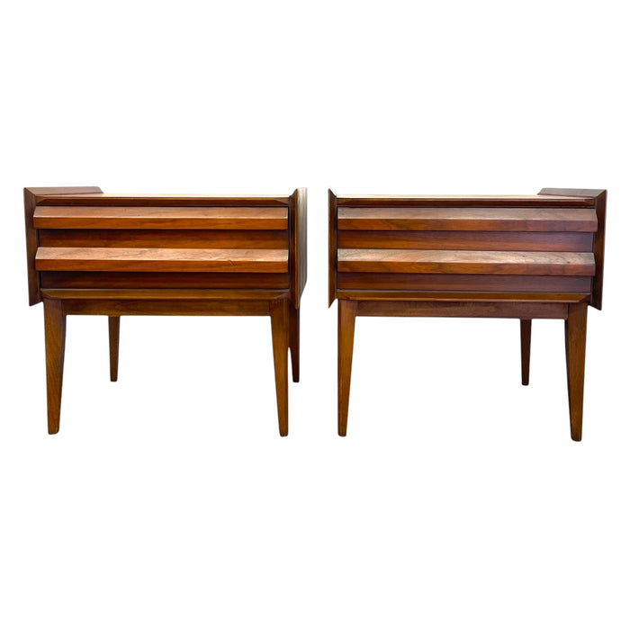 Vintage Lane First Edition Mid Century Modern Walnut Nightstand End Table Set by Lane Furniture.