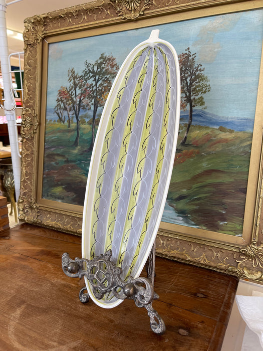 Vintage Mid-Century Modern Poole Pottery England Oval Serving Dish - Abstract Leaf Pattern, Yellow and Gray