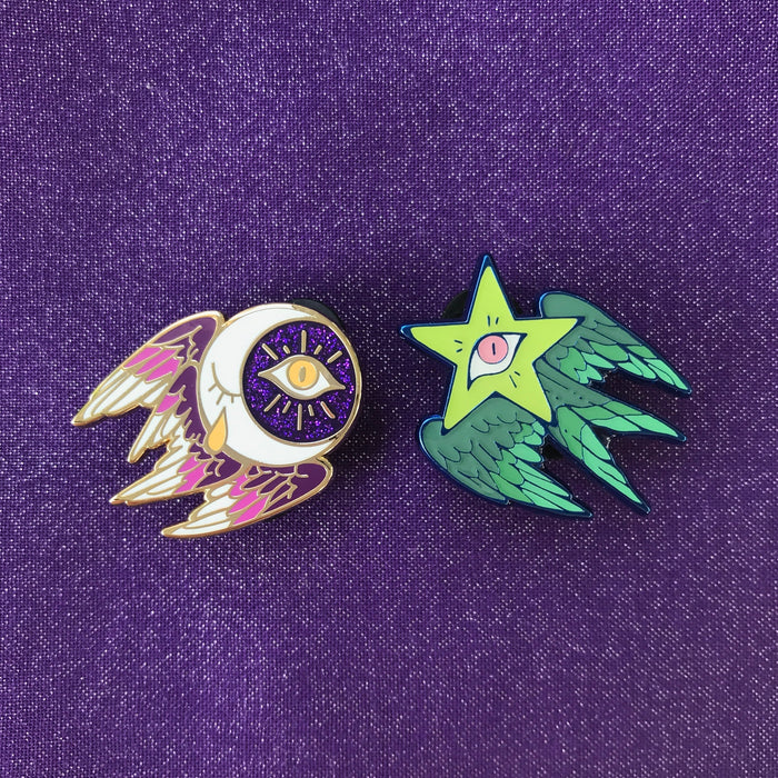 Moon and Star Angel Pins