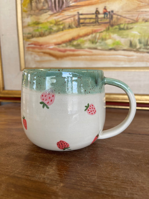 Handmade Wheel-Thrown Ceramic Strawberry Mug with Green Glaze Interior